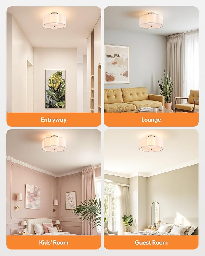 VONLUCE Semi-Flush Mount Ceiling Light, 15.7" Modern 3-Light Ceiling Light Fixture with White Petal-Shaped Shade 3 E26 Sockets for Bedroom Entryway Living Room, Nickel Finish, ETL Certificated