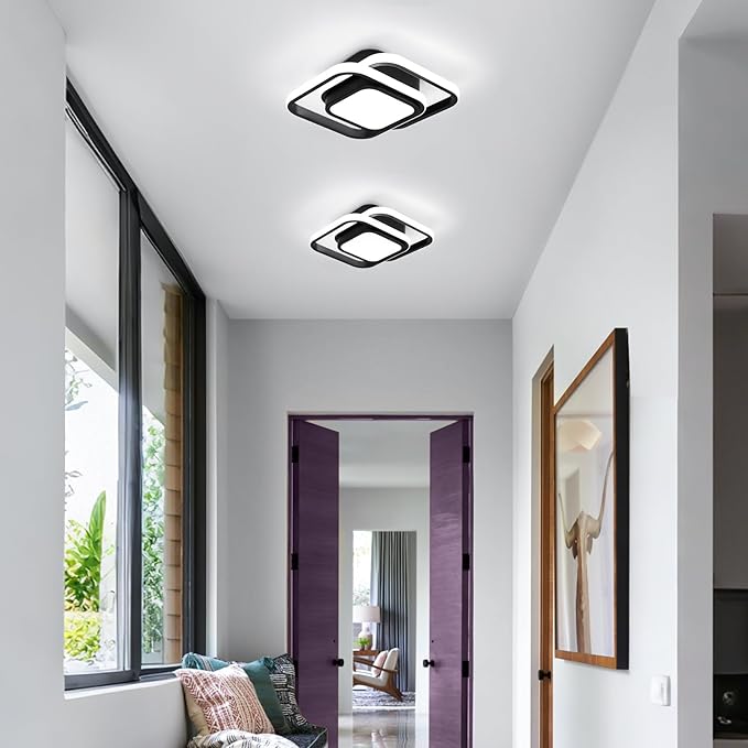 2 Packs Small Black Ceiling Light Square Modern LED Ceiling Lamp Cool White 6000K Hallway Lighting Fixtures for Bedroom Kitchen Living Room Study Hallway Small Asile Lamp Corridor Lights (Black)