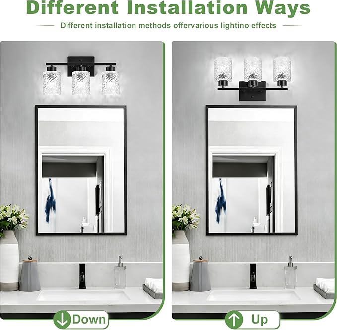 Black Bathroom Light Fixtures, 3-Light Modern Bathroom Vanity Wall Light, Vanity Lights for Mirror, Wall Sconces with Clear Textured Glass (E26 Socket, Bulbs Not Included)