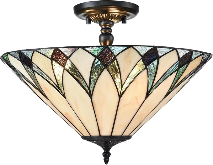 Tiffany Semi Flush Mount Ceiling Light 16.1-Inch 3-Light Mission Style Stained Glass Light Fixtures Ceiling Mount for Hallway Kitchen Bedroom Foyer Dining Living Room