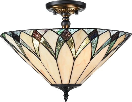 Tiffany Semi Flush Mount Ceiling Light 16.1-Inch 3-Light Mission Style Stained Glass Light Fixtures Ceiling Mount for Hallway Kitchen Bedroom Foyer Dining Living Room