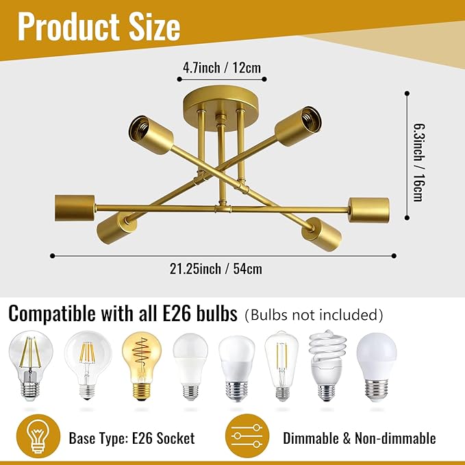 Ceiling Light Fixture, 6-Light Ceiling Light Chandelier, Modern Dinning Room Light Fixture, Sputnik Gold Light Fixtures Ceiling Mount, Semi Flush Mount Ceiling Light Fixtures for Living Room
