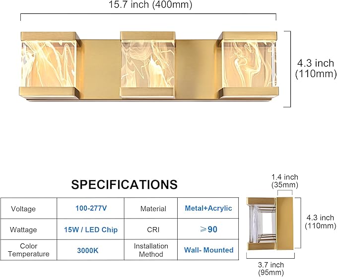 MELUCEE Modern Brass LED Vanity Lights Over Mirror 15W 3 Lights LED Bathroom Light Fixtures with Unique Smoke Acrylic Panel Bathroom Wall Sconce for Bath Powder Room, 3000K Warm Lighting