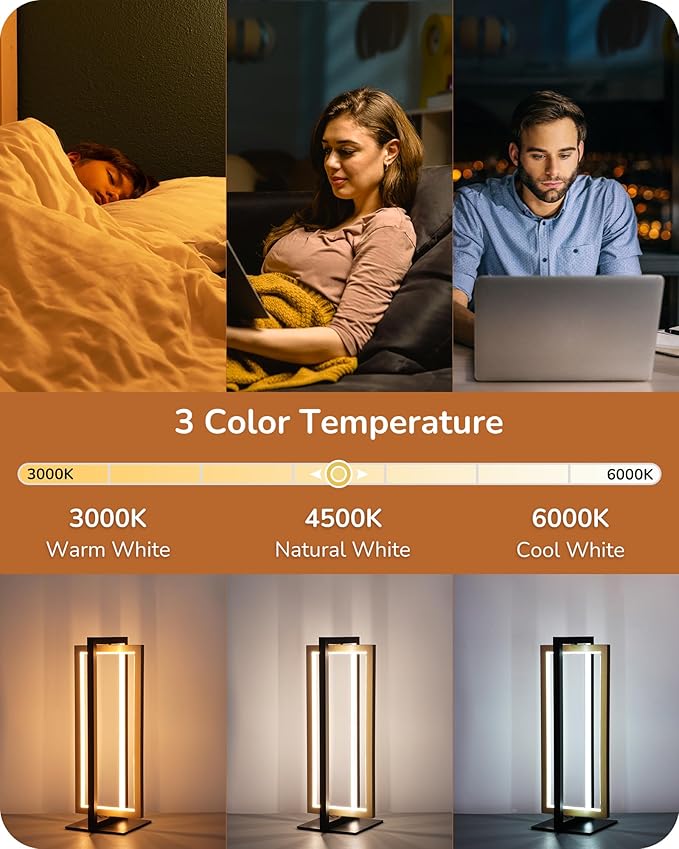 EDISHINE LED Table Lamp Set of 2, 3 Color Temperatures Modern Nightstand Lamp (3000K 4500K 6000K), MAX 750LM Dimmable Bedside Lamps for Living Room Bedroom, Angle Adjustable, Dual-Frame Rectangle