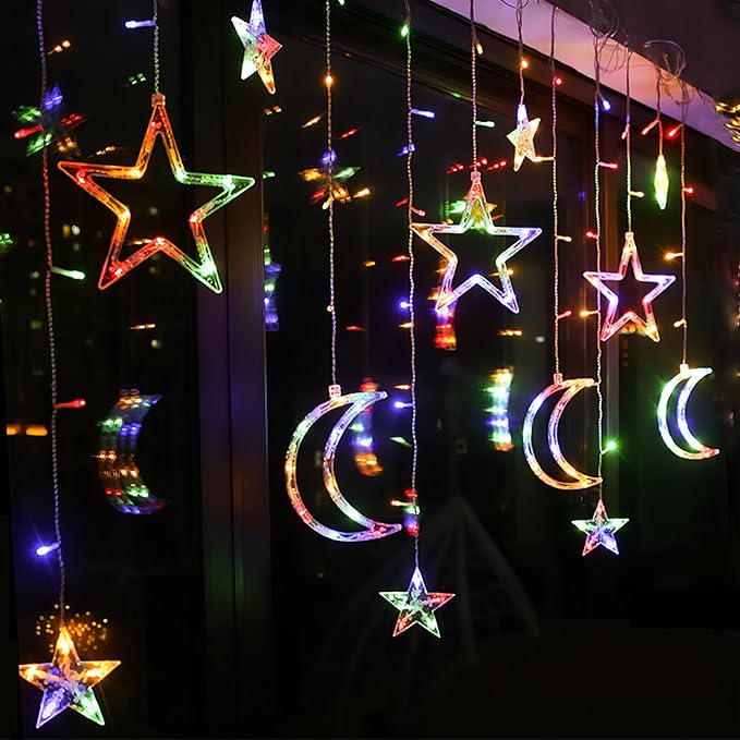 Moon and Stars Decor Curtain Lights, 11.5ft String Lights for Bedroom, Christmas, Ramadan Decor, Indoor LED Fairy Twinkle Light, Battery Operated or USB Plug-in (Multicolor + Remote)