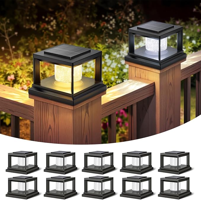 FOLKSMATE Solar Post Cap Lights 16 Pack, 2 Lighting Modes Cool/Warm White Outdoor Solar Powered, Waterproof Fence Deck Lights for 4×4 3.5×3.5 Wood Vinyl Posts, for Garden Patio Porch Decor, Black