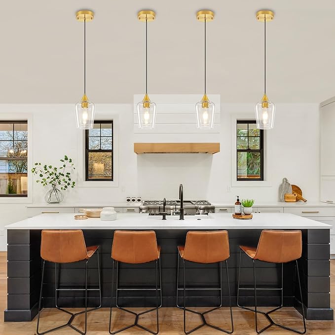 3-Pack Brushed Gold Pendant Lights Kitchen Island, Modern Glass Pendant Lighting Over Island Kitchen Hanging Light Fixtures Hallway Pendant Lights for Bathroom Dining Room Entryway Foyer Bedroom