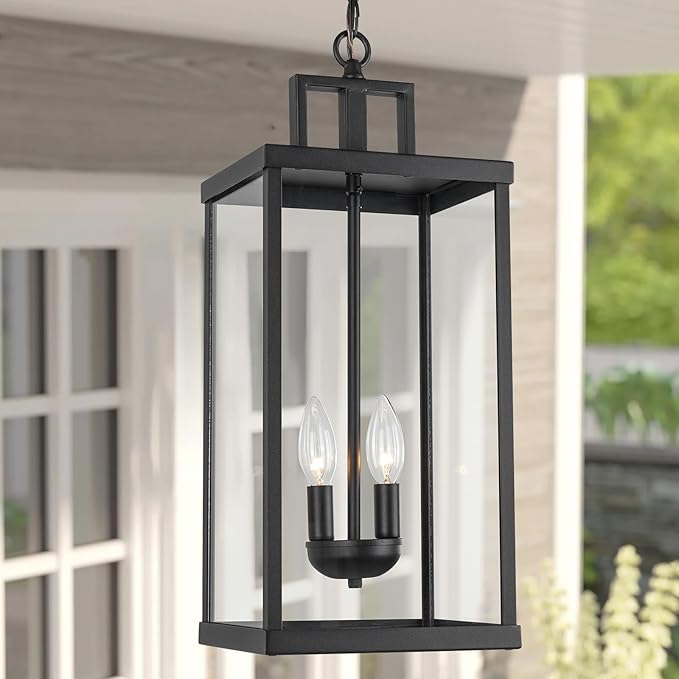 21'' Outdoor Pendant Lantern, 2-Light Modern Black Exterior Chandelier with Clear Glass, Hanging Porch Light for Patio, Yard, Foyer