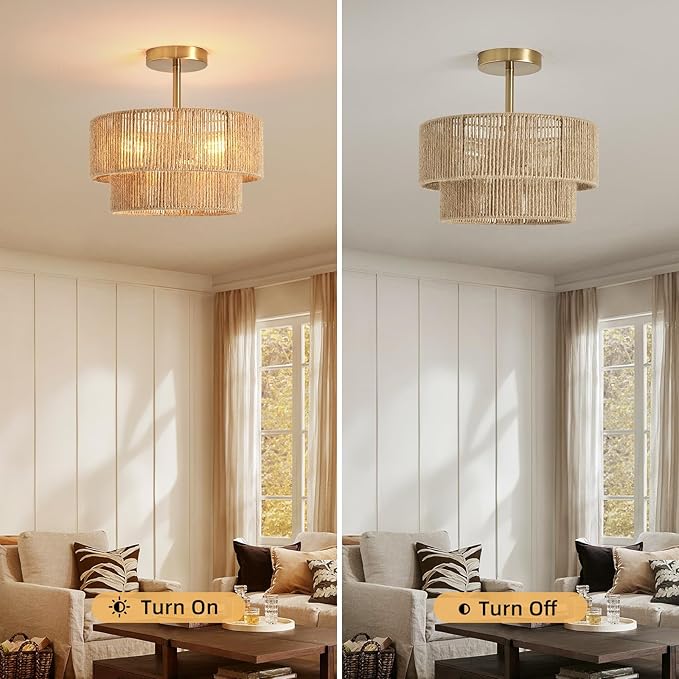 Boho Semi Flush Mount Ceiling Light Gold Rattan Ceiling Light 12.6" Farmhouse Ceiling Lamp with Natural Hemp Rope Lampshade for Dining Room Living Room Bedroom Kitchen