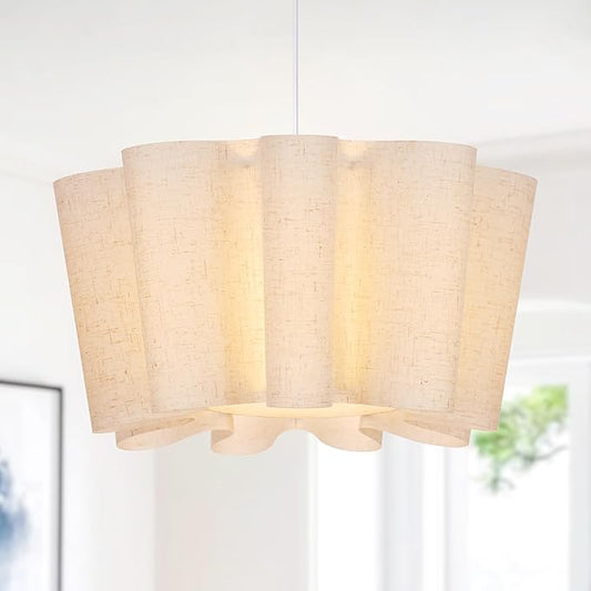 Littleglovo 15.7" Pendant Lights Kitchen Island, 1-Light Linen Petal Lampshade Dining Room Light Fixture Modern Chandeliers Hanging Pendant Lighting for Bedroom Nursery Living Room Foyer Entryway