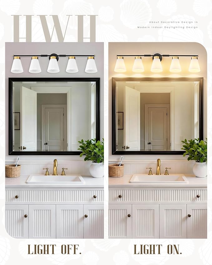 Bathroom Wall Sconces, HWH 5-Light Wall Mount Lighting Fixtures for Mirror, Modern Vanity Lights with Frosted Milk White Striped Glass, Black and Gold Finish, 5HZG97B-5W BK+BG