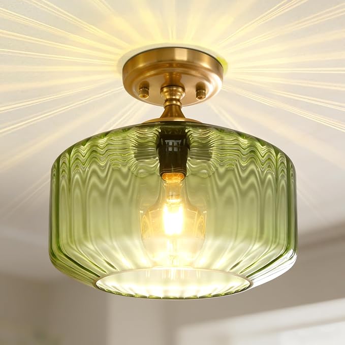 Mid-Century Modern Gold Flush Mount Ceiling Light Fixtures, Green Close-to-Ceiling Gold Chandelier for Entryway, Hallway, Porch, Corridor, Bedroom