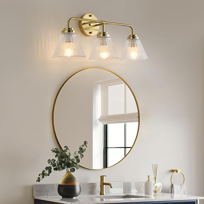 Modern Bronze Bathroom Vanity Light, 3-Light Wall Sconce with Clear Ribbed Glass Shades, Farmhouse Industrial Light Fixture for Bathroom, Vanity Mirror, Powder Room, Hallway (bronze, Eletroplate, 3)