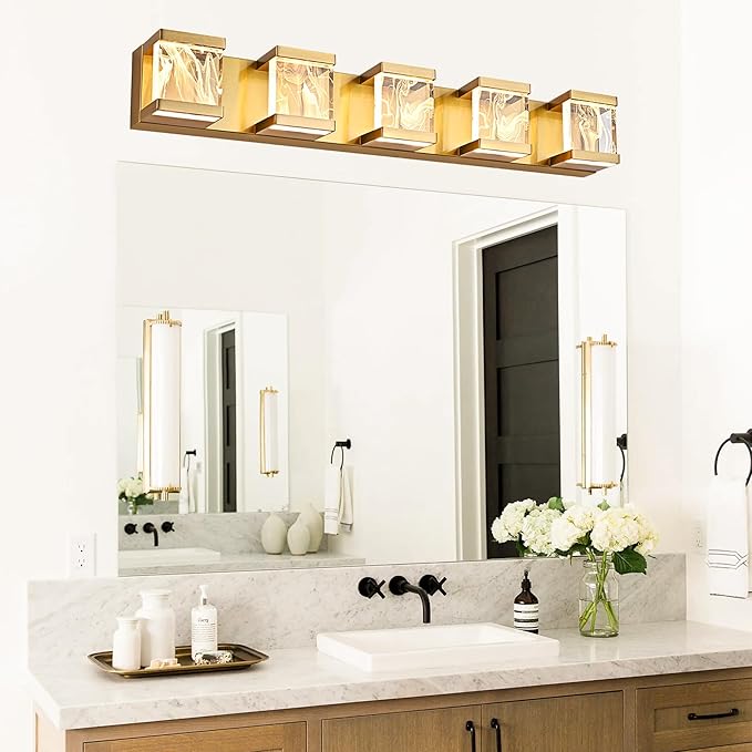 MELUCEE LED Bathroom Lighting Fixtures Over Mirror 25W 3000K Warm Lighting, 5 Lights Brass LED Vanity Lighting Bar with Unique Smoke Acrylic Panel, Wall Sconces for Bath Powder Room Entryway