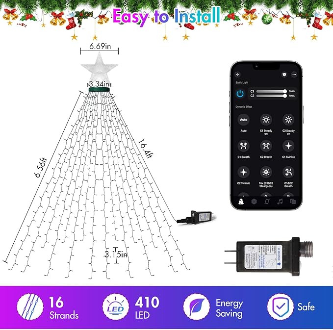 Smart Cascading Twinkle Lights for Christmas Tree, 410LED Christmas Tree Lights APP Control Music Sync, 6.6FT x 16 Lines String Lights for Indoor Outdoor Xmas Tree Decor, Warm White & Multicolor