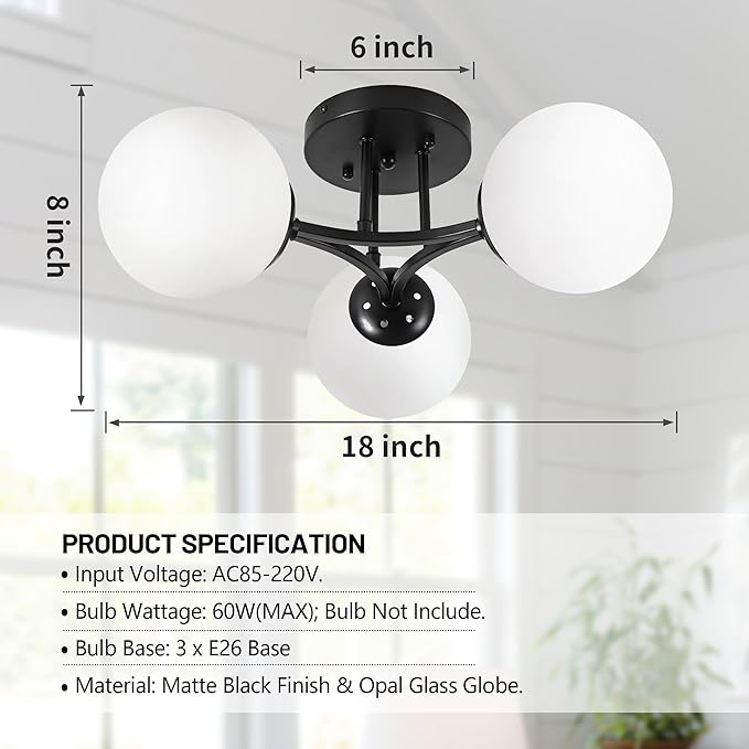 3-Light Sputnik Chandeliers Chandeliers Modern Semi Flush Mount Globe Ceiling Light Mid Century Ceiling Light Frosted Glass Matte Black Chandeliers for Hallway Laundry Bedroom Entryway Living