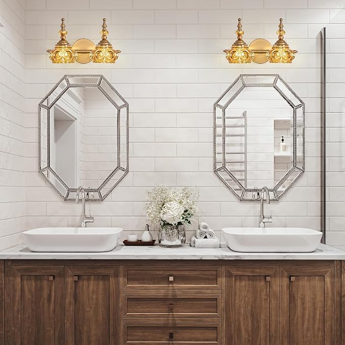 Vintage 2-Light Bathroom Lighting Amber Rose Vanity Light Fixtures Wall Sconce with Crystal Glass Shade Rust-Proof and Durable for Bedroom Living Room Hallway