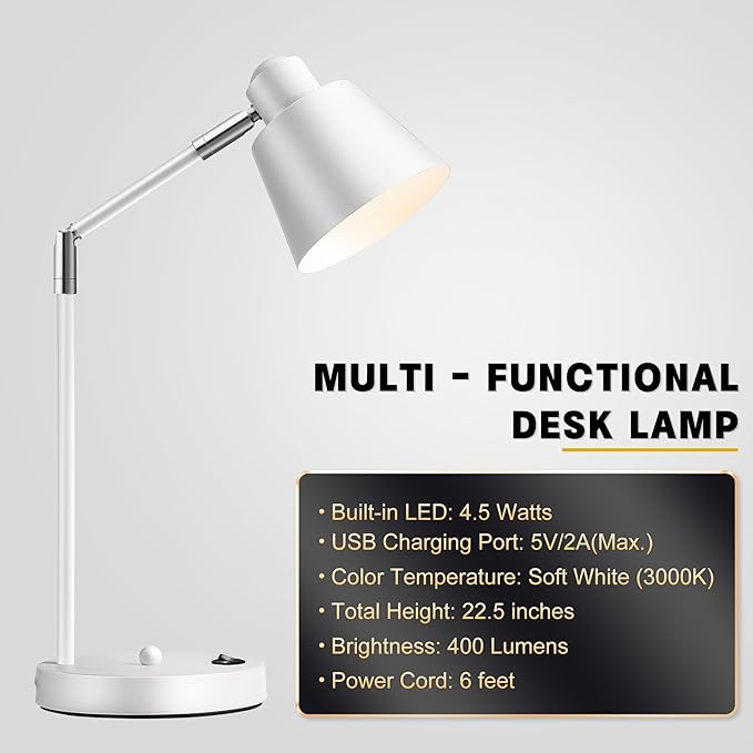 Anxingtools LED Desk Lamp with Dual USB Charging Ports, 100% Metal, 270° Swivel Arms, Soft White Light (3000K), Bedside Reading Lamp, Home Office Lamp(White)