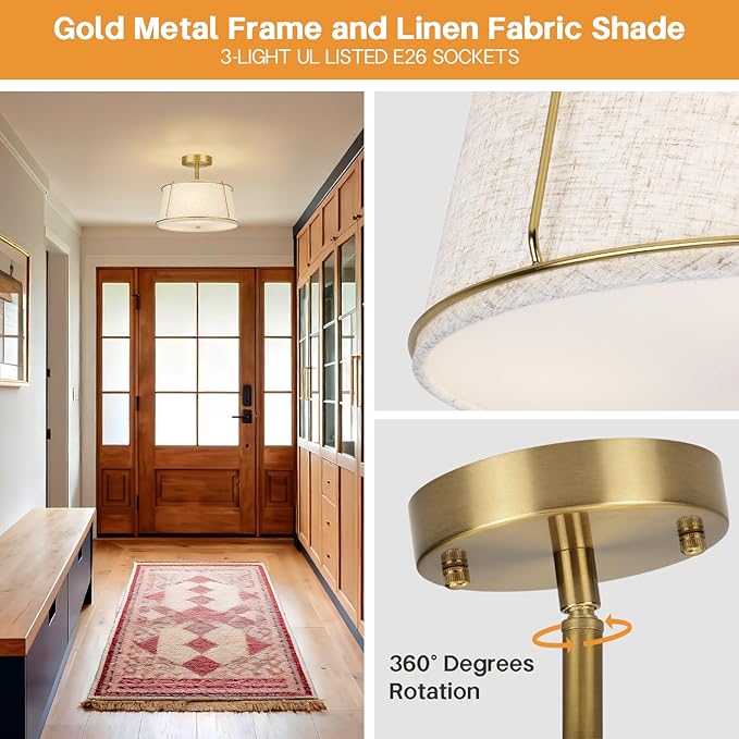 13'' Semi Flush Mount Ceiling Light Fixture,3-Light Gold Light Fixtures Ceiling Mount with Linen Drum Fabric Shade,Modern Close to Ceiling Lamp for Bedroom Dining Room Kitchen Hallway (Adjustable)