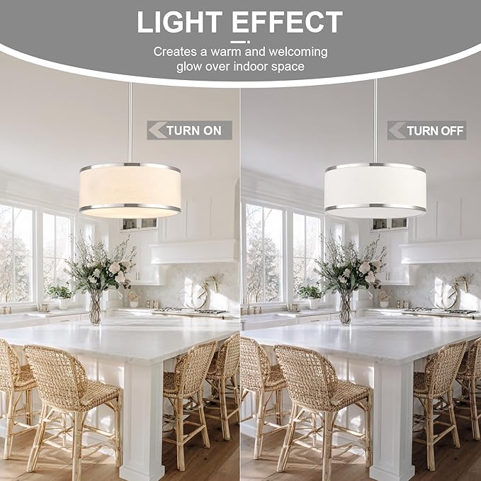 12.6" Drum Pendant Light Fixture 3-Light Brushed Nickel Chandelier with Fabric Shade for Kitchen Dining Room Living Room Bedroom