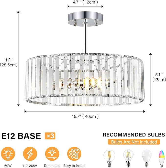 Chrome Crystal Ceiling Light Fixture, Modern Semi Flush Chandelier, Round Hanging Lighting Chandeliers for Dining Room, Kitchen, Bedroom, 3-Light, 15.74 Inch
