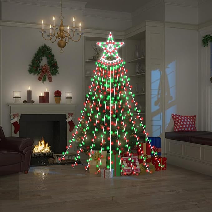 350 LED Christmas Decorations Star String Lights Waterproof Waterfall StarLights 8 Light Modes Remote & Timer,Waterproof Seasonal Lighting Decor for Home Xmas Tree Yard Wedding Party (Red&Green)