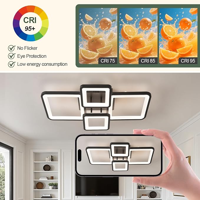Modern Ceiling Lights 24" 42W, Dimmable Kitchen Lighting Fixtures Ceiling, 3000-6500K Light Fixture Ceiling Mount with Remote Control, Black Square LED Ceiling Light for Bedroom