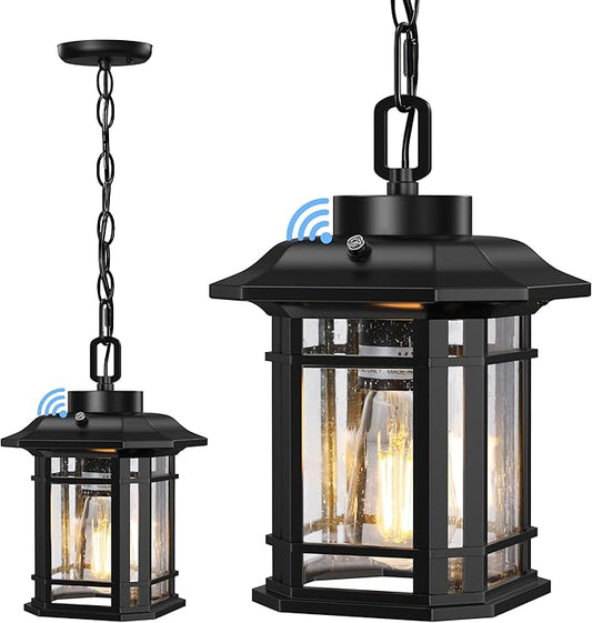 WIHTU Dusk to Dawn Outdoor Pendant Lights for Porch,Anti-Rust Aluminum Exterior Hanging Light Fixture with Adjustable Chain,Farmhouse Chandelier Ceiling Light for Entryway Garden Patio(Bulb Included)