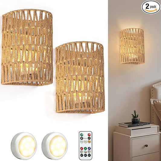 FINCMY Boho Wall Decor Battery Operated Wall Sconce Set of 2, 18 RGB Colors Wall Lights Changeable Dimmable Wireless Wall Sconces for Bedroom Living Room Hallway, Natural Hemp Rope Boho Decor