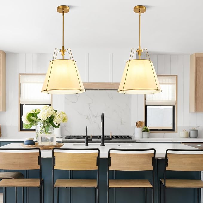 Modern Pendant Light Fixtures with 16" Off-White Linen Fabric Shade, Adjustable Hanging Light Fixture,3-Light Drum Gold Vintage Chandelier for Kitchen Island Bedroom Dining Room Foyer
