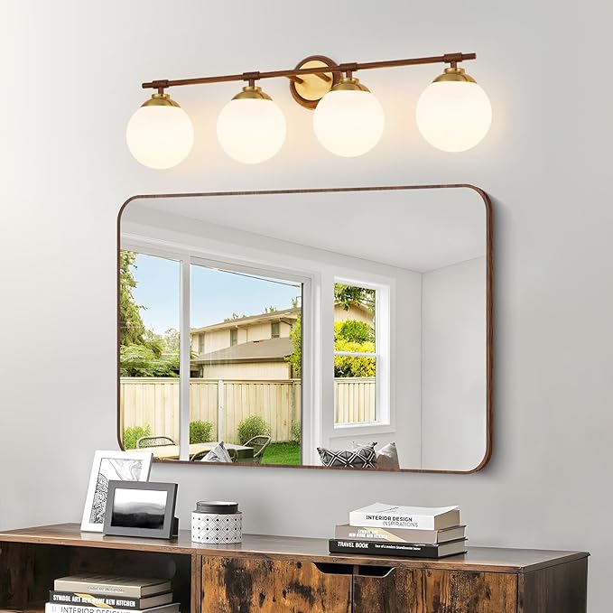Rayogale Walnut Bathroom Light Fixtures, ETL 4 Lights Vanity Lights Over Mirror with Milk Glass Soft Lighting 32 Inch Bathroom Sconces(Exclude E26 Bulb)