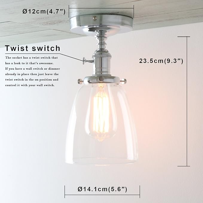 PERMO Modern Small Semi Flush Mount Ceiling Pendant Light Glass Ceiling Lights Hallway Fixtures with Flate Ribbed Glass Lampshade, 1-Light (Chrome, 292)
