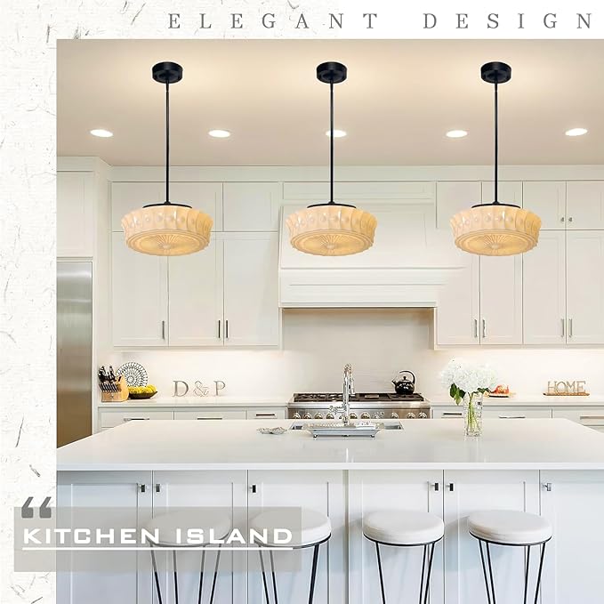 Vintage Glass Pendant Light, Mid-Century Modern Creamy Hanging Light Fixture with 14" Glass Shade, Adjustable Stem Industrial Ceiling Lamp for Kitchen Island, Dining Room, Entryway