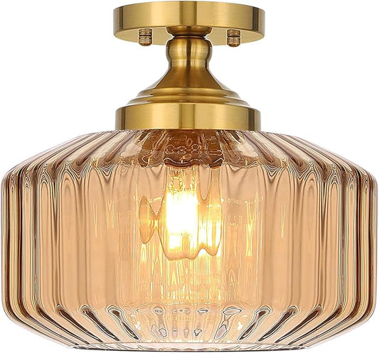 11.8in Semi Flush Mount Ceiling Light Fixture, Vintage Striated Glass Kitchen Lighting Fixtures Ceiling Mount for Entryway Hallway Bedroom Dining Room Bathroom Foyer Laundry (Amber)