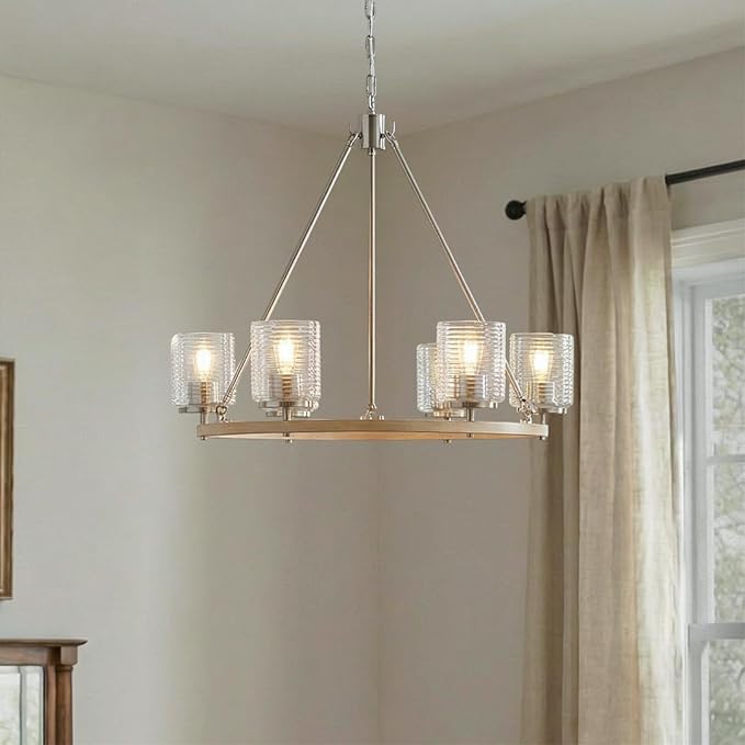 28.5" Wagon Wheel Chandelier, 6-Light Kitchen Chandelier with Wood Finish & Brushed Nickel, Modern Farmhouse Hanging Light Fixture for Dining Room, E26 Base, Bulb Not Included