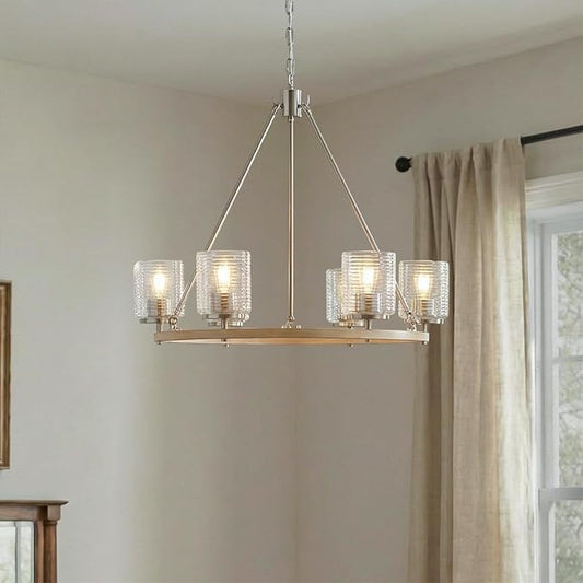 28.5" Wagon Wheel Chandelier, 6-Light Kitchen Chandelier with Wood Finish & Brushed Nickel, Modern Farmhouse Hanging Light Fixture for Dining Room, E26 Base, Bulb Not Included
