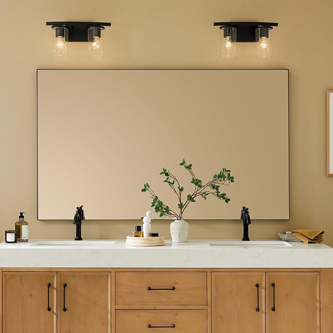 Kichler Crosby 15.25" 2-Light Bathroom Vanity Light Fixture with Clear Glass in Black for Powder Room, Modern Wall Mount Over Mirror (15.25" x 8.75"), 45496BKCLR