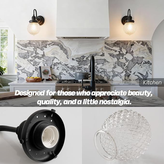 Vintage Farmhouse Wall Sconce Black Bathroom Sconces with Round Pineapple Pattern Clear Glass Shade Hardwire Wall Mounted Lamp for Bathroom Living Room Bedroom Kitchen E26 Indoor