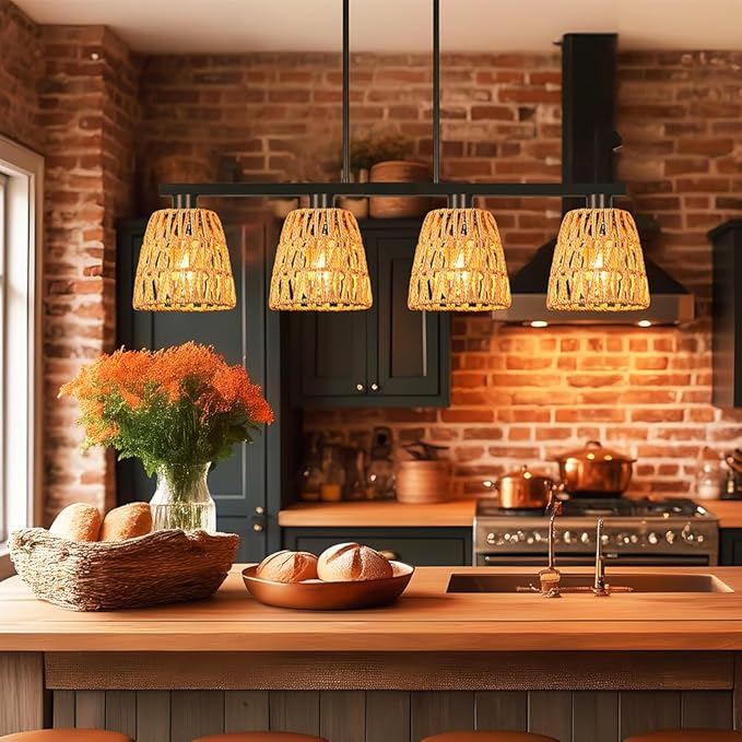 Black 4-Light Kitchen Island Lighting, Boho Rattan Dining Room Light Fixture, Farmhouse Island Light for Kitchen with Shade, Adjustable Linear Chandelier Pendant Lights Kitchen Island Over Bars, Table
