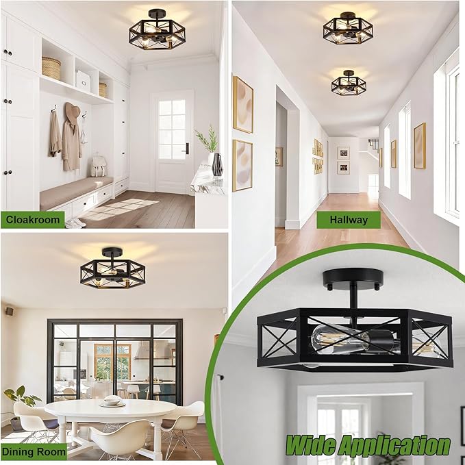 3-Light Kitchen Lighting Fixtures Ceiling Mount, Black Semi Flush Mount Ceiling Light for Dining Room Light Fixture, Farmhouse Close to Ceiling Lights with Hexagon Cage for Bedroom Hallway