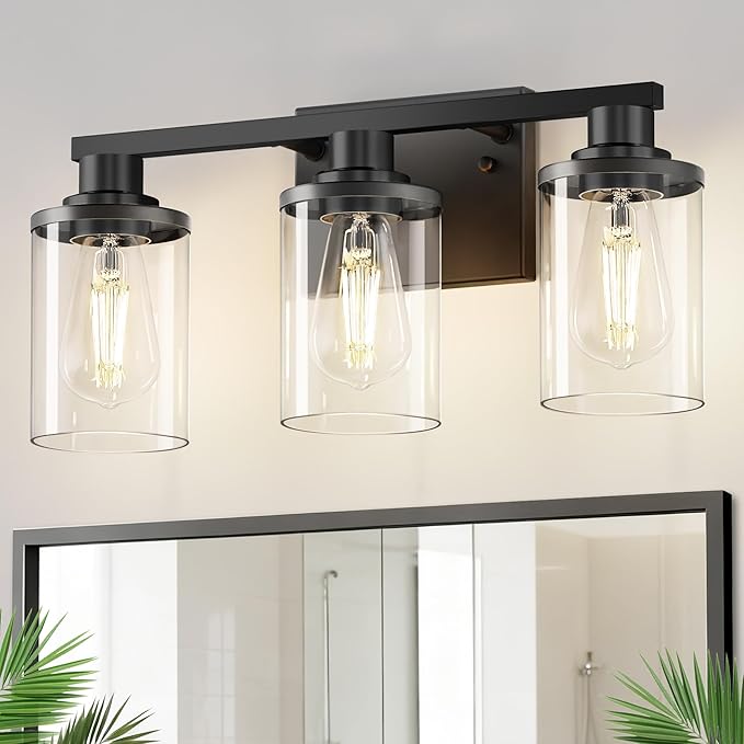 DORESshop 20 Inch Bathroom Light Fixtures, 3-Light Black Bathroom Lighting Fixtures Over Mirror with Clear Glass Shade, Vanity Lights for Bathroom Living Room Bedroom, ETL Listed