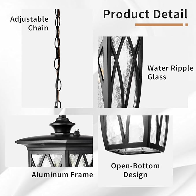 JYZ Dusk to Dawn Outdoor Pendant Lantern, 12 Inch Craftsman Style Exterior Hanging Light with Water Ripple Glass, Traditional Outdoor Chandelier for Front Porch Patio Garden Gazebo Pergola