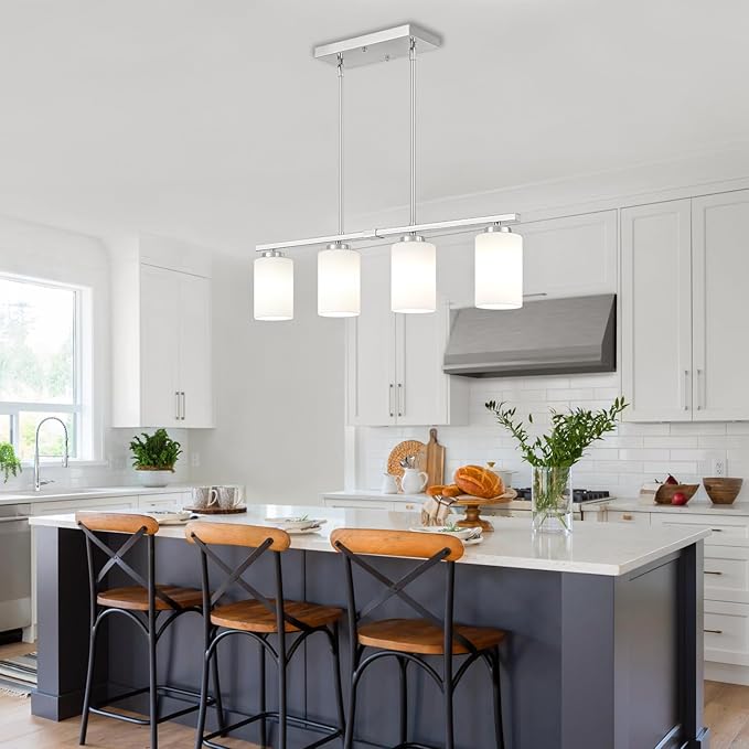 Brushed Nickel Island Lights for Kitchen, 4-Light Dining Room Light Fixtures Modern Linear Chandeliers Over Table White Frosted Glass Adjustable Hanging Lights Kitchen Pendant Lighting Over Island