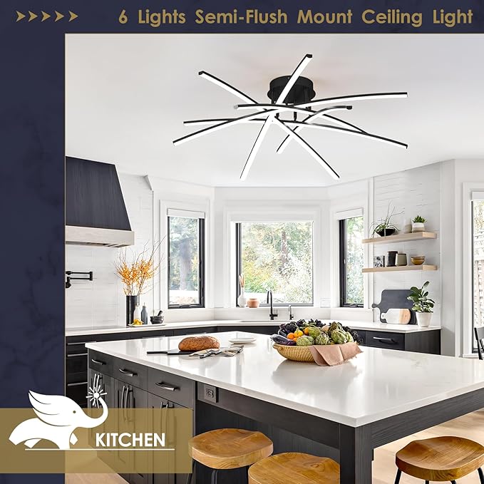 Modern 32.8" LED Chandelier Ceiling Light 6-Lights Black Dimmable Semi Flush Mount Ceiling Light Fixtures with Remote for Living Room Bedroom Kitchen 65 W 3000K-6000K