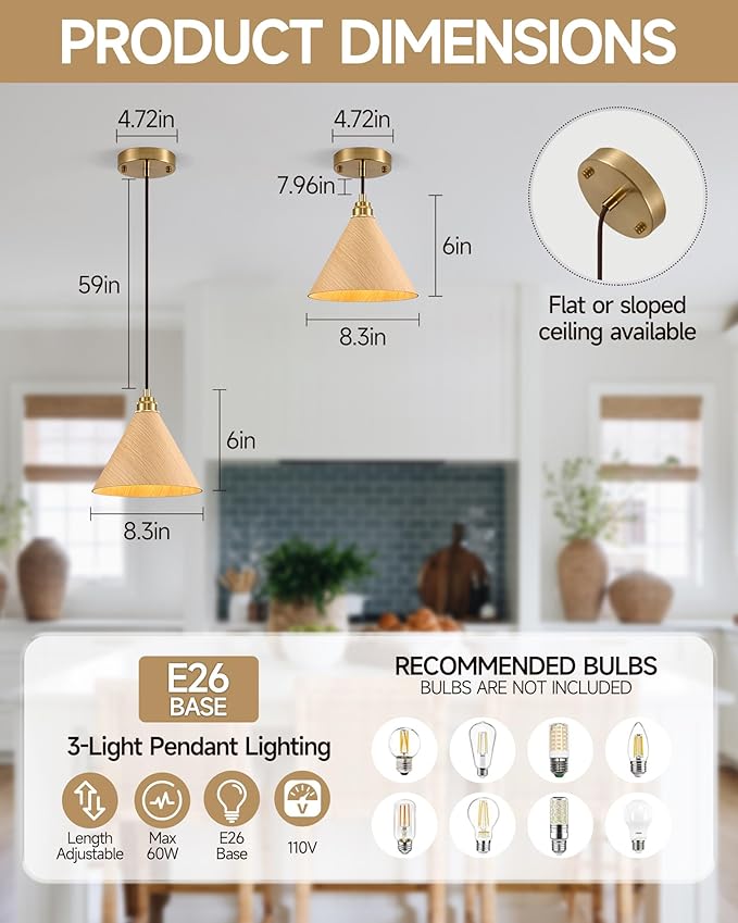 3 Pack Pendant Lights Kitchen Island, 8.3” Modern Pendant Light, Adjustable Height Wood Hanging Light, Kitchen Island Light fixtures for Dining Room, Bedroom, Hallway, Bar(Natural Wood)