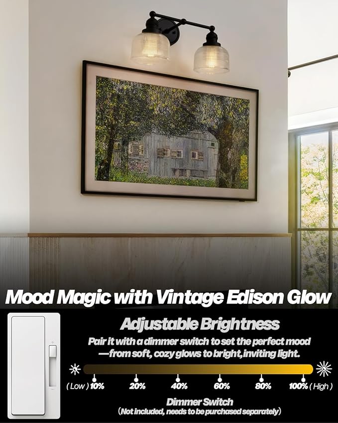 2-Light Vintage Wall Sconces,Double Black Bathroom Vanity Light with Clear Corrugated Glass Shade Hardwire Indoor Wall Sconce Lights Lamp for Bathroom Mirror Living Room Bedroom Kitchen