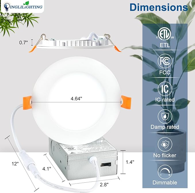 DLLT LED Recessed Lighting 4 Inch: 6 Pack Slim LED Recessed Ceiling Light for Kitchen - 5CCT Dimmable Canless Wafer Downlight for Living Room - 900LM Brightness 9W Can Lights for Bedroom ETL FCC