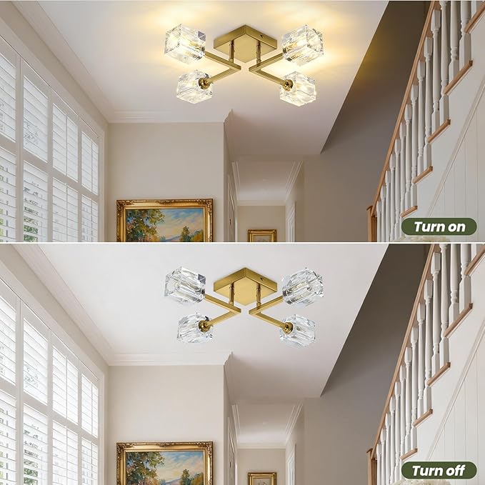 Gold Crystal Sputnik Ceiling Light Fixture, 4-Lights Modern Sputnik Chandelier, 17.7 inch Low Ceiling Chandelier for Bedroom Kitchen Dining Room Hallway Entryway Office