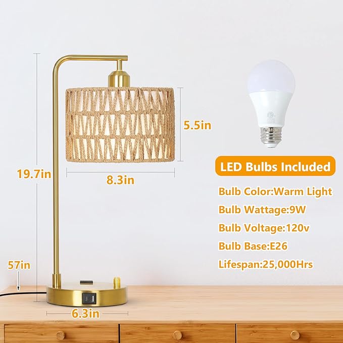 Boho Table Lamps With USB Charging Ports And Outlet, Dimmable Rattan Lamp Set Of 2 With Bulbs, Wicker Bedside Lamps For Bedroom Living Room Side Table, Gold Tall Desk Lamp For Bohemian Home Office