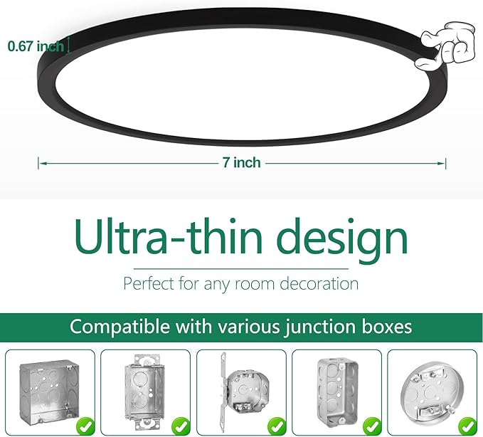 Brightever Black Flush Mount Ceiling Light, 7 Inch 12W, Super Slim 0.67 Inch 1200LM LED Ceiling Light Fixtures, Dimmable & 2700K/3000K/4000K/5000K/6500K 5 Color in One Ceiling Lamp for Closet, 2 Packs